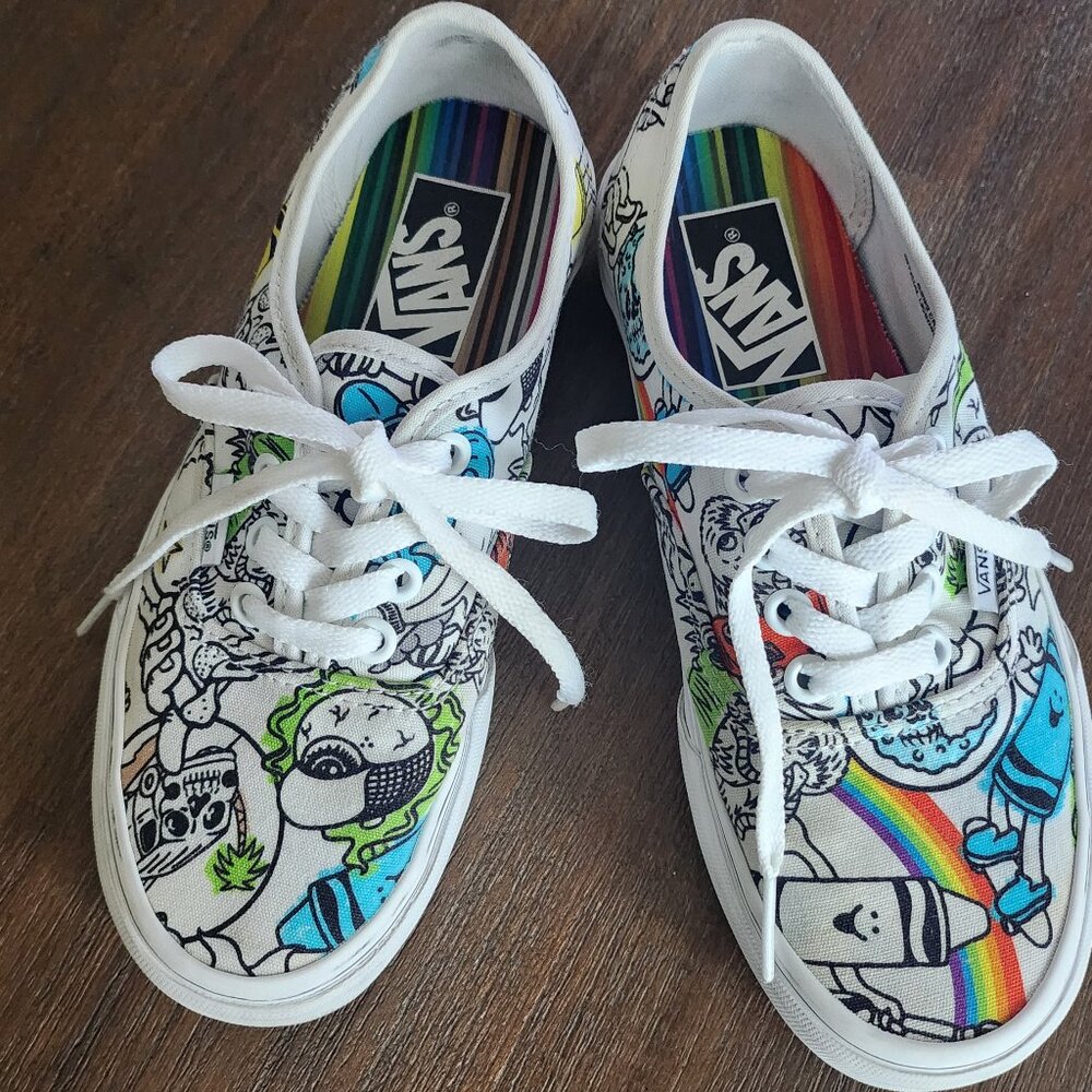 Vans White Canvas Sneakers with Multicolor Cartoon Graphics and Rainbow Insole
